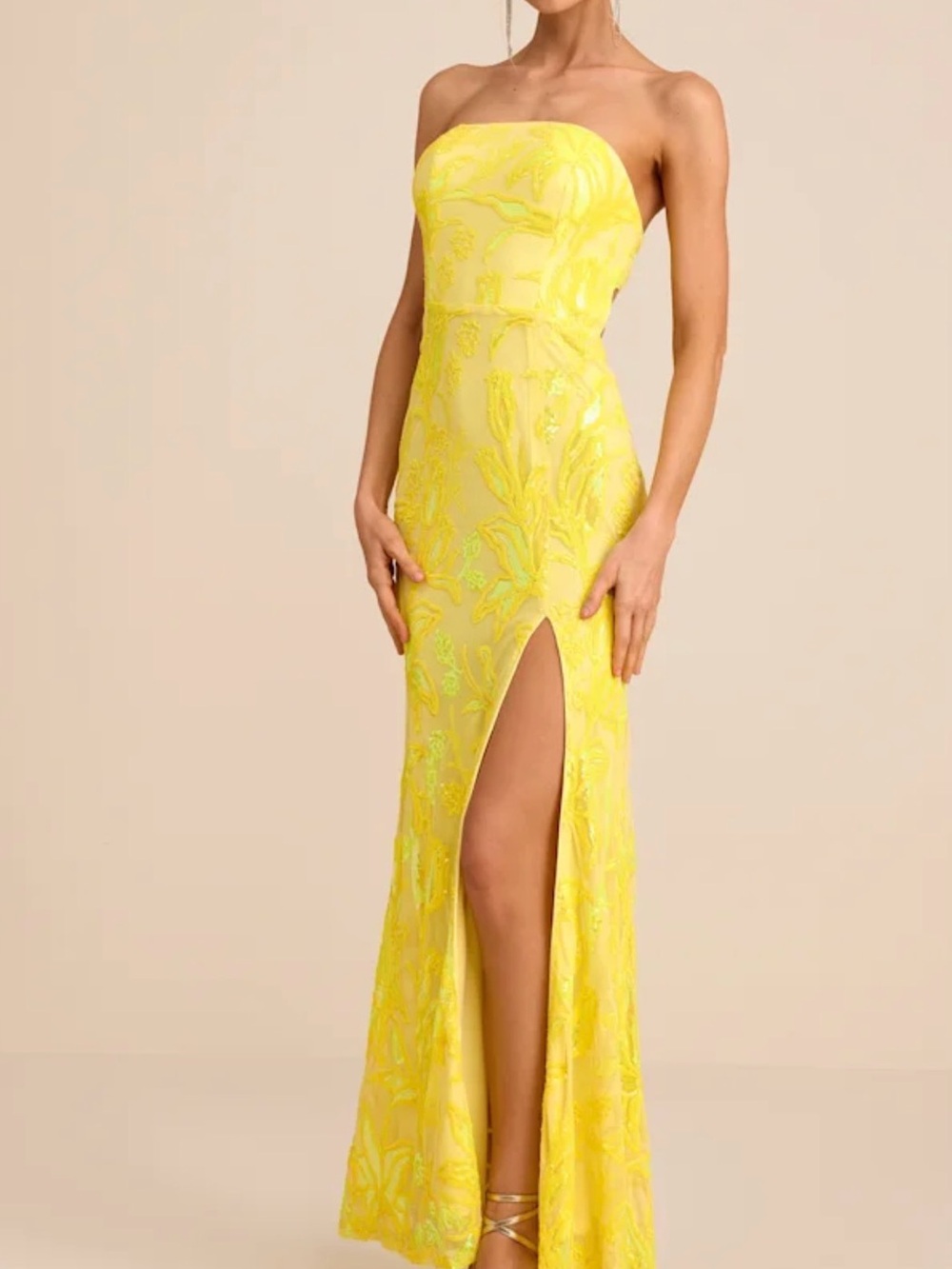 Lulu's Strapless Shimmering Icon Yellow Sequin Embroidered Maxi Dress with Slit